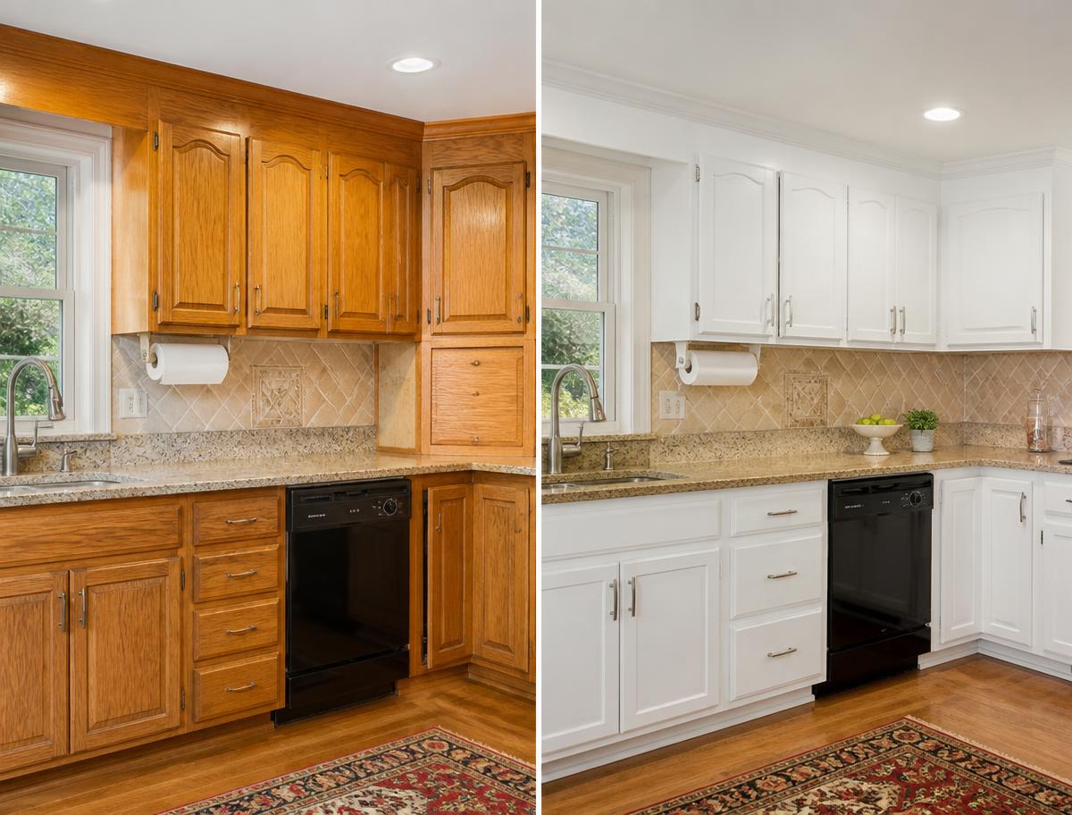 Cabinet refinishing before and after showing oak cabinets transformed to a clean modern white finish