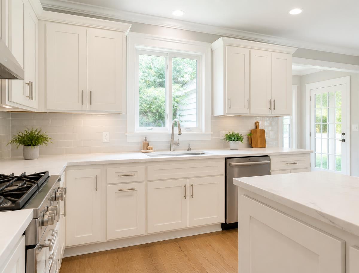 Bright modern kitchen with freshly refinished off-white shaker cabinets and quartz countertops