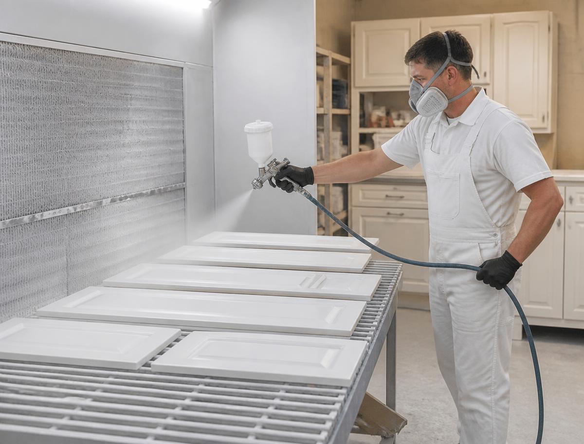 Professional cabinet refinishing service — painter spraying cabinet doors for a smooth factory-grade finish