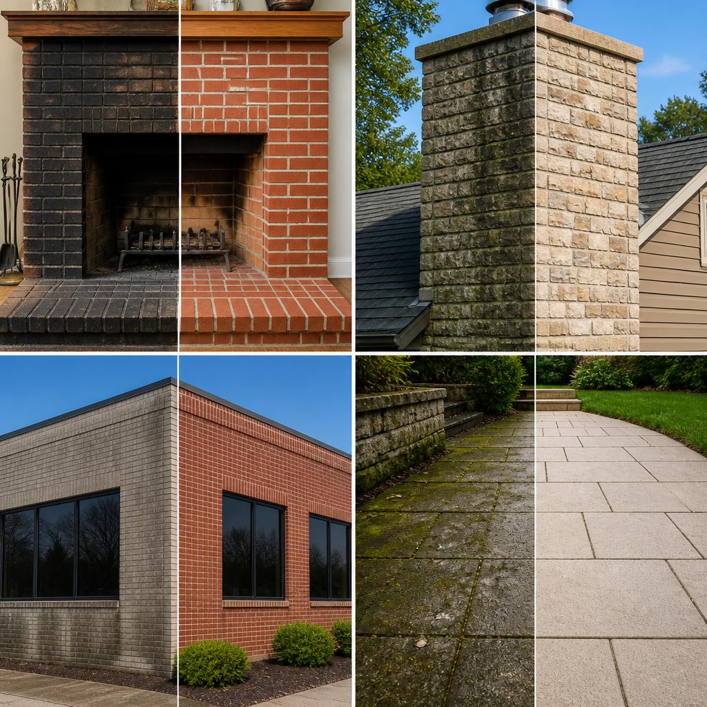 Before and after surface rejuvenation — fireplace, chimney, brick facade, and stone patio cleaned by Sky Painters Group